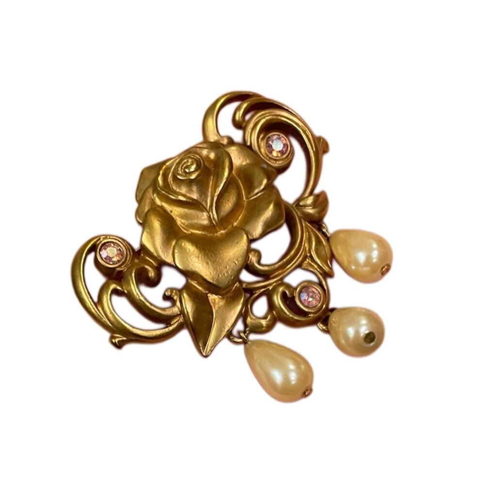 Vintage Avon Brooch Pin Gold-Tone Rose Pink Rhinestones Dangling Pearls 2" EUC